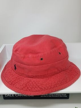 Ralph Lauren Red Bucket Hat with Navy Pony Logo